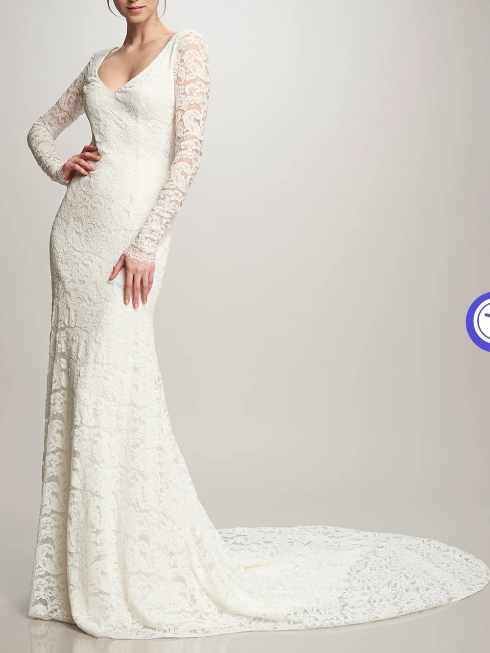 Theia Ivory Lace Long-Sleeve Bridal Gown with Train